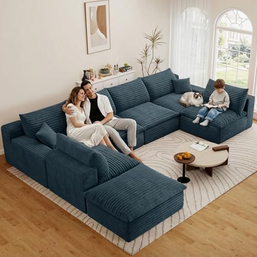 Image of 136 inch Cloud Couch Modular Sectional Sofa for Living Room, U-Shape Boneless Couch with Deep Seat, Modern Corduroy 6-Seater with Ottoman, No Assembly Required, Blue