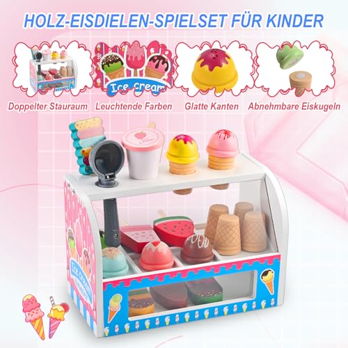 Wooderma Eisdiele Kinder Holz, Kinderküche Zubehör, Eisladen Kinder Holz, Kaufladen Rollenspiele, Holzspielzeug Spielküche Zubehör, Eiscreme Einkaufsladen, Montessori Spielzeug, Geschenk ab 3 Jahren