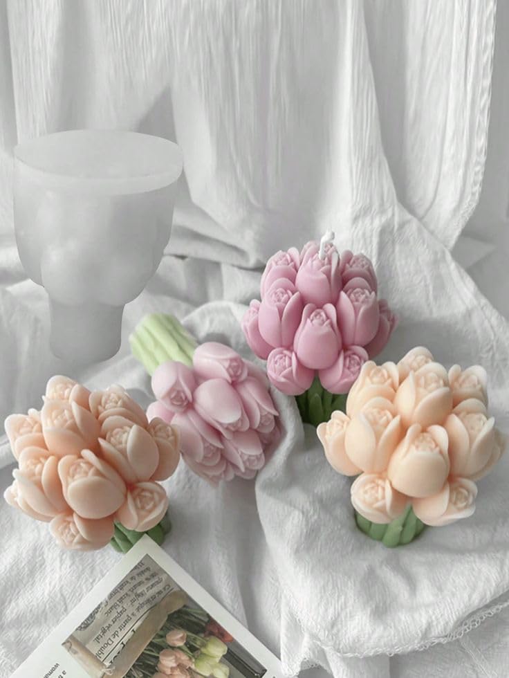 Image of Tulip Flower Scented Candle, Pink and Green, Decorative Bouquet Design for Home Decoration and Gift (4, Multicolour)