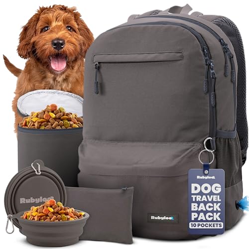 Dog Travel Bag for Supplies - Complete Dog Diaper Bag Backpack with 2 BPA-Free Travel Bowls, Treat Pouch, Food Container, Placemat & Laptop Sleeve – for Traveling, Road Trips, Hiking - Dk Grey