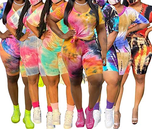 Women's 2 Piece Tie Dye Set Outfits Plus Size Short Sleeve Print Shirt + Short Pants Tracksuit Set Colorful Orange 5Xl #TOP3