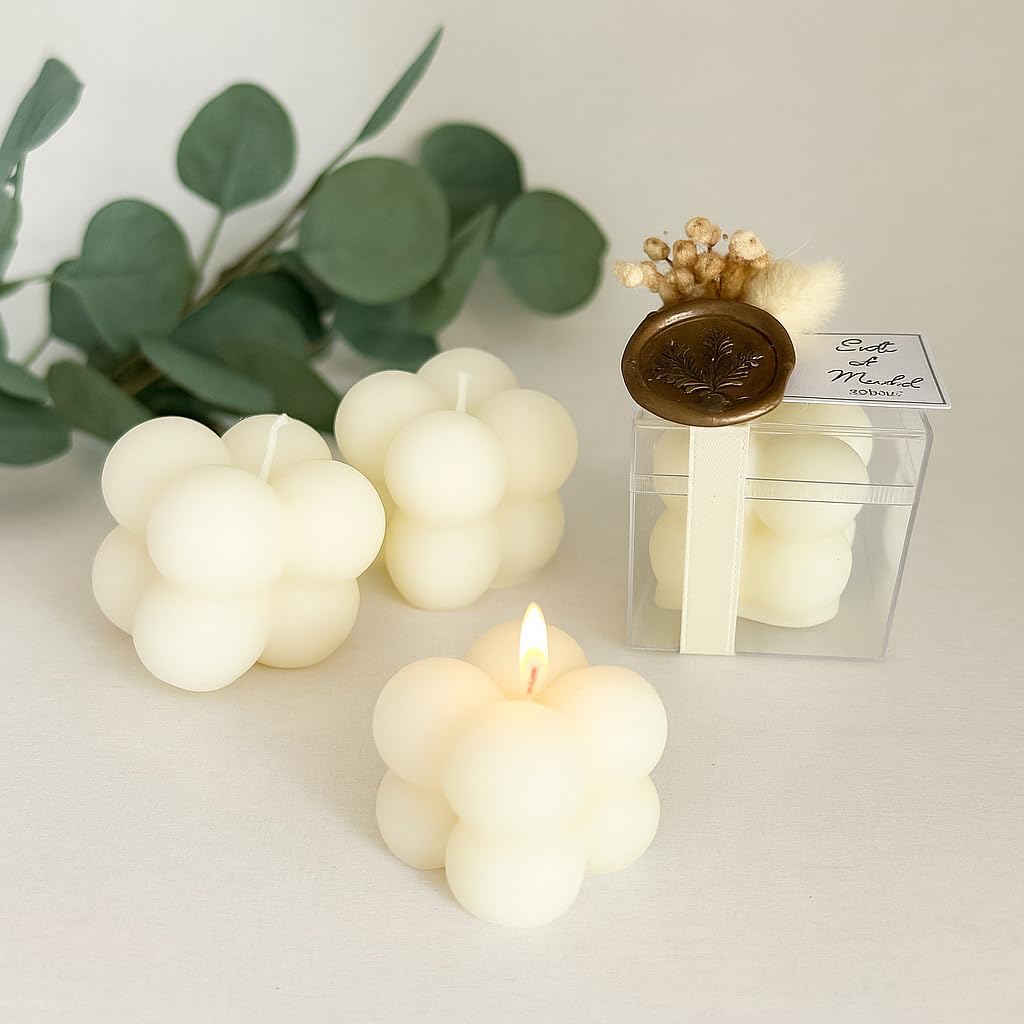 Bubble Candle Favor Set – Personalized Scented Cube Candles with Dried Flowers & Gold Wax Seal (10-200 Bulk Options)