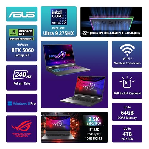 Image of ASUS ROG Strix G18 G815 Gaming AI Laptop 18 inch 2560x1600 240Hz Intel 24-core Ultra 9 275HX 64GB DDR5 2TB SSD GeForce RTX 5060 GDDR7 (Up to 572 AI Tops) RGB Backlit Thunderbolt WiFi7 Win11Pro ICP Hub