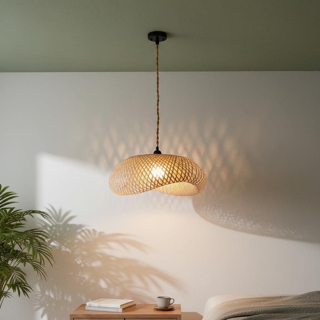 B·LED BARCELONA LED Lámpara colgante de mimbre Vimet Lite. Lámpara de techo artesanal Natural estilo Boho, portalámparas de Cuerda E27 para Isla Cocina, Salón, Comedor, Dormitorio