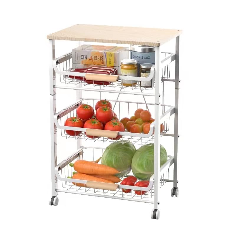 Eassemrack Pull-out Fruit Basket, 4-tier Slide Out Metal Storage Baskets Carts Organizers Drawers With Wood Top and Handle With Rolling Wheels for Snacks Vegetables in Kitchen -(White, 4 layer)