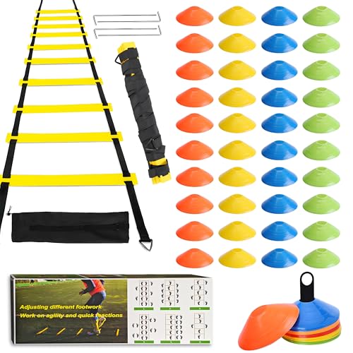 ZTWLEED Football Entrainement Kit,Accessoires d'entraînement de Football Échelle de Rythme 6 Mètres,40 Cônes de Disque Plot Sport,Jeux D'EntraîNement pour...