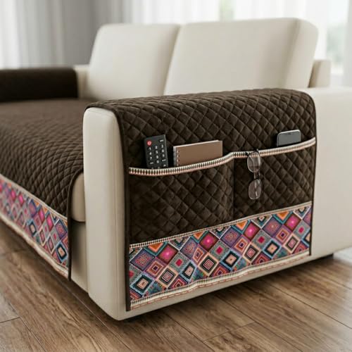 Image of KINGLY Armrest Cover with Pocket | Anti-Slip Sofa Arm Protector | Washable Arm Cover | Chocolate Brown