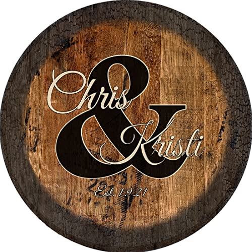 PS Prints Mr & Mrs Custom Last Name Wedding Sign Large Oak Whiskey Barrel Lid Wall Decor, Brown, 22 inch