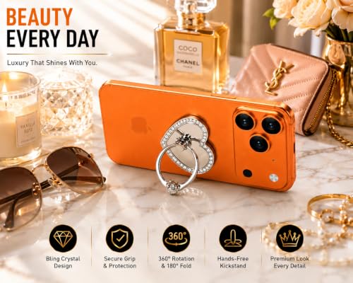 Image of Mizi 2Pack Bling Heart Phone Ring Holder Stand, 360 Rotating & 180 Foldable Finger Grip Kickstand - Strong 3M Adhesive, Zinc Alloy Phone Ring-Smartphones & Tablets, Sparkly Diamond Design - Silver