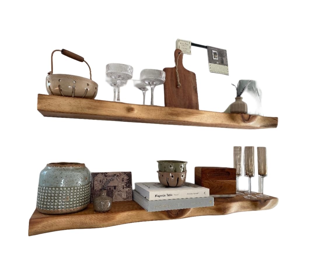 Live Edge Hand Carved Look Solid Wood Floating Shelf Custom Sizes and Colors