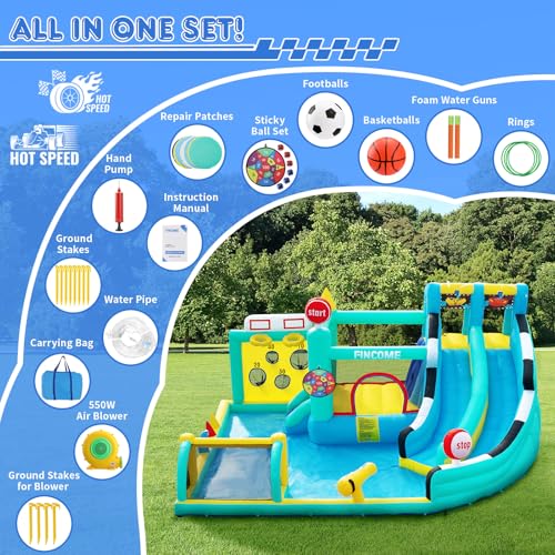 FINCOME Bounce House Double Slides for Kids 3-12, Large Bounce Castle with Air Blower 550W, Pool, Jumping, Climbing, Balls, Ring Toss, Inflatable Water Park for Birthday Party Holiday Outdoor Indoor