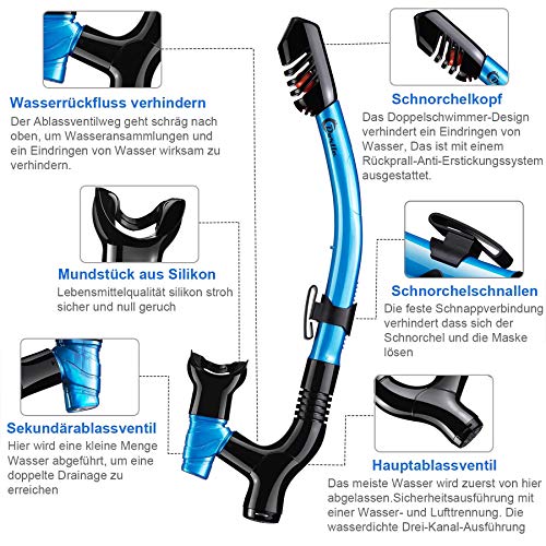 Foto von Dorlle Schnorchelset mit Schnorchel und Taucherbrille， Verbesserter 3-Kanal Dry Schnorchel und Anti-Fog Anti-Leck aus Gehärtetem Glas, Premium Schnorchel Set Tauchmaske für Erwachsene（blau）