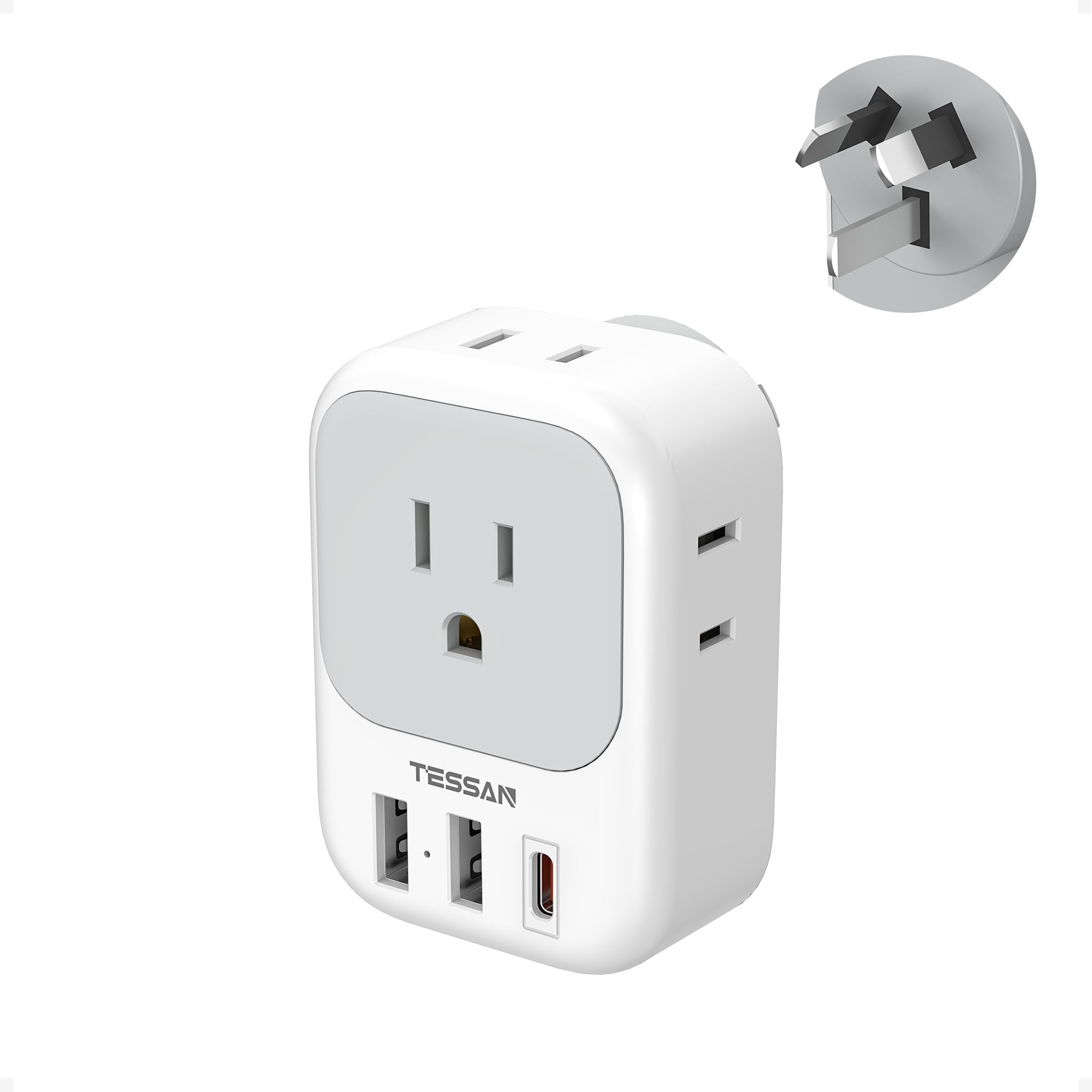 Australia New Zealand Power Adapter, TESSAN Type I Travel Adaptor with 4 American Outlets 3 USB Ports (1 USB C 20W), Plug Adapter for US to Australian Argentina China Fiji Cook Islands AU NZ
