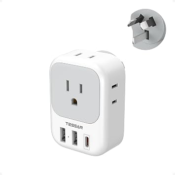 Australia New Zealand Power Adapter, TESSAN Type I Travel Adaptor with 4 American Outlets 3 USB Ports 1 USB C 20W, Plug Adapter for US to Australian Argentina China Fiji Cook Islands AU NZ