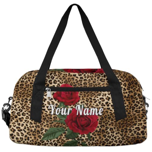 Personalized Kids Duffel Bag Vintage Leopard Print Flower,Custom Sport Gym Bag for Boys Girls,WWeekender Overnight Bags Travel Duffel Bag,Customized Kids Gift