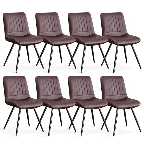 Image of Dining Chairs Set of 8, Modern Dining Chairs with Thick Cushions, PU Leather Upholstered Kitchen Dining Room Chairs with Metal Legs for Dining Living Room (Dark Brown)
