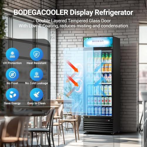 Image of BODEGACOOLER 15.5 Cu.Ft Commercial Refrigerator,Upright Display Cooler | 420 Cans Capacity, 5 Adjustable Shelves, Low-E Glass Door with Lock & LED, 34-50F, 4 Casters for Bar, Cafe & Office, Black