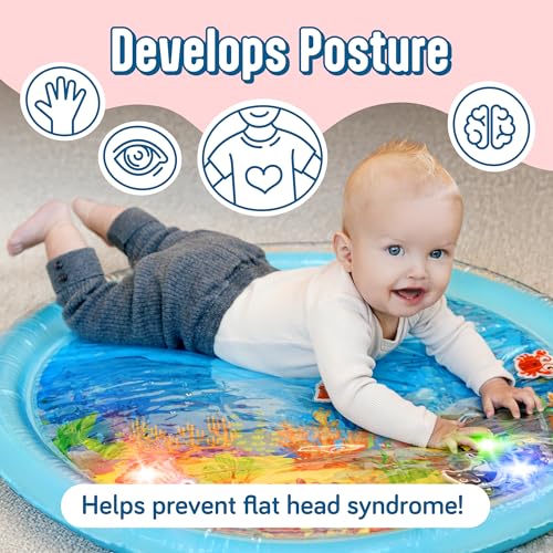 SplashEZ Lights Up Tummy Time Water Mat for Babies, 30\" X-Large Baby Water Mat Tummy Time for Sensory Play with LED Glowing Fishes, Inflatable Fun Play Pad for Infants & Toddlers 3 to 36 mo