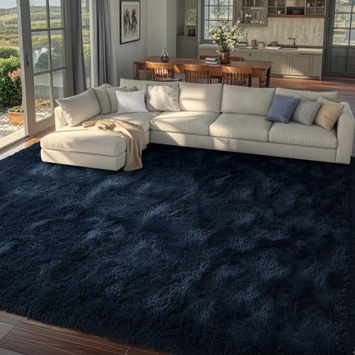 8x10 Area Rugs for Living Room Fluffy Blue,Plush Soft Navy Blue Shag Carpet for Living Room Boys Book Room Nursery Kids Playroom Dorm Decor