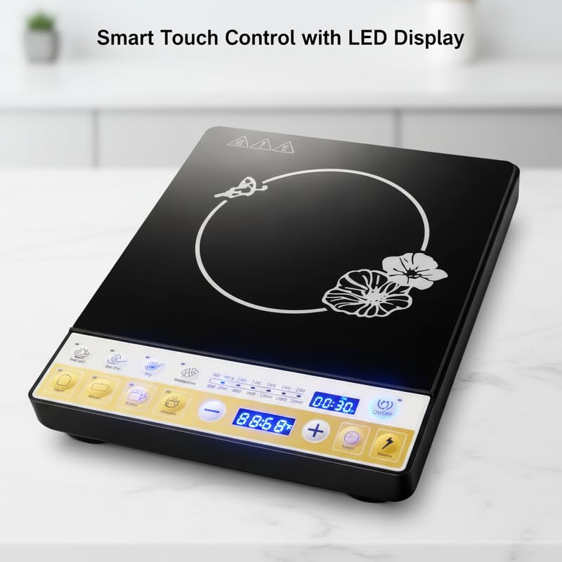 Image of Drumstone (15 Years Warranty) 2000W Electric Induction Cooktop - Portable Induction Stove with LED Touch Panel, Crystal Glass Cooktop for Kitchen Use