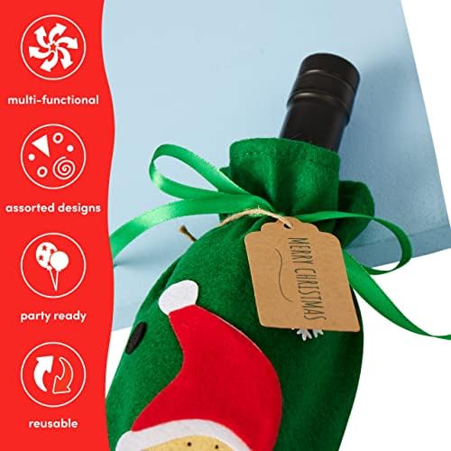 The Twiddlers - 10 Christmas Wine Bottle Gift Bag Covers - 5 Different Designs, Reusable Drawstring Xmas Bags for Party & Decorations