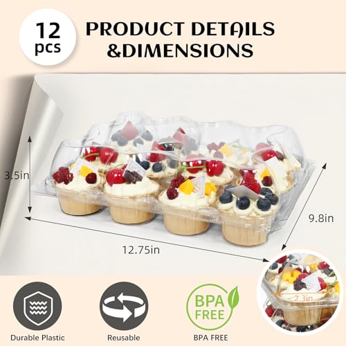 Image of WIKDAY 12 Count x 12 Sets Plastic Cupcake Containers, Durable and BPA-Free Cupcake Holder with Lid for Easy Transport Storage, Stackable Clear Cupcake Carriers, Reusable Dessert Boxes
