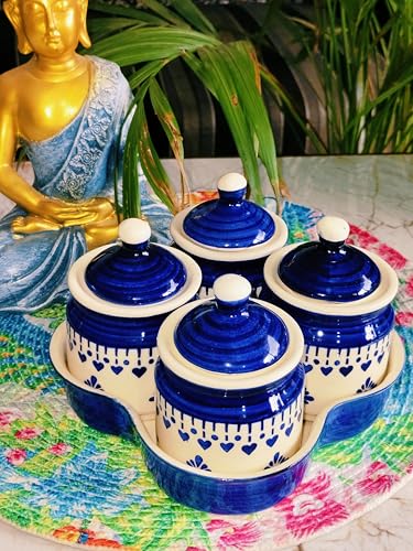 Image of Niyara Multipurpose Storage Ceramic Pickle set Jars with Lid & tray (Set of 4, 300 ml) (Blue)