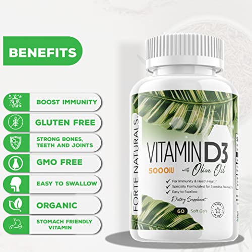 Forte Naturals Vitamin D3 5000 Iu Softgels (125 Mcg) Specially For Sensitive Stomachs Vitamin D Supplements For Immunity/Heart Health With Organic Olive Oil Best Vitamin D3 Supplement For Women & Men #TOP2
