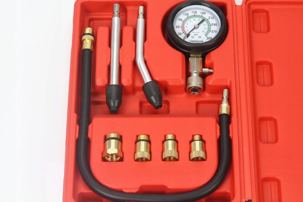 Set per la Misurazione della Pressione di Compressione nei Cilindri dei Motori Benzina | 8 Pezzi | 0-300 psi | Tubo Flessibile 49 cm | con Valigetta