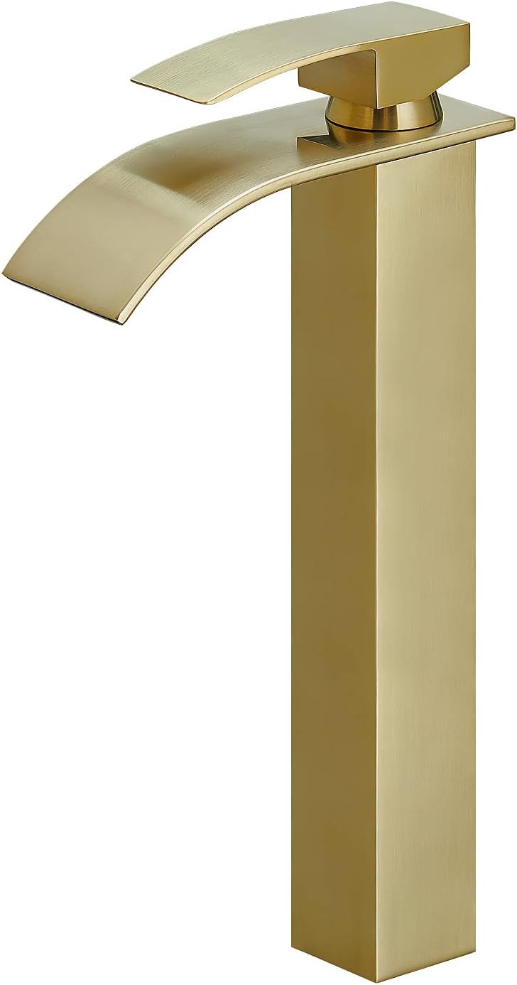 Brushed Gold Waterfall Spout Bathroom Faucet, Tall Single Handle Bathroom Vessel Sink Faucet, Rv Lavatory Vessel Faucet Basin Mixer Tap, Brushed Gold