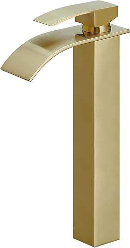 BESy Grifo de baño con boquilla de cascada de oro cepillado, de una sola llave alta, grifo de lavabo de baño de lavabo Rv Lavabo grifo mezclador con