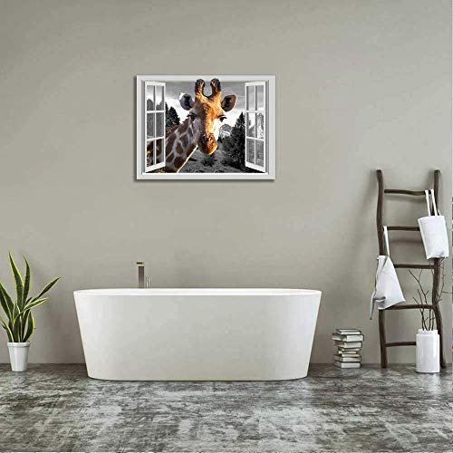 Giraffe Canvas Wall Art For Office Guest Room Wall Decor With Frame Animal Head From Open Window Bathroom Wall Decoration Prints Painting Grey Window View Landscape Wall Picture 12X16Inch #TOP2