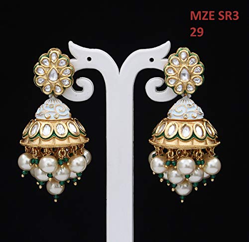 Designer Long Dangle Earrings Gold Plated Kundan Stone Studded Handicraft Indian Ethnic Traditional Collection Chandbali Jhumki Jhumka for Women2