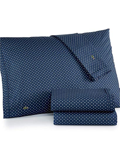 Image of Lacoste 100% Cotton Percale Sheet Set, Dash Print, Vintage Indigo, California King