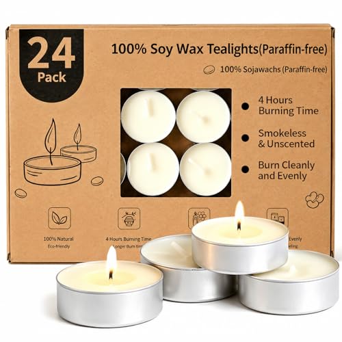 Soywax Tea Lights Candles Bulk 24 Pack 4 Hour White Tea Lights