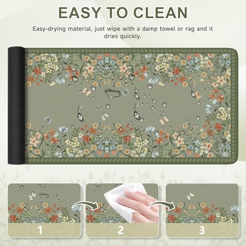 iCasso Desk Mat for Keyboard and Mouse,Large Keyboard Mat Non-Slip,Cute Desk Pad with Stitched Edges,Floral Mousepad for Women,Girly Computer Mat for Home Office Gaming(Sage Green) - Image 6
