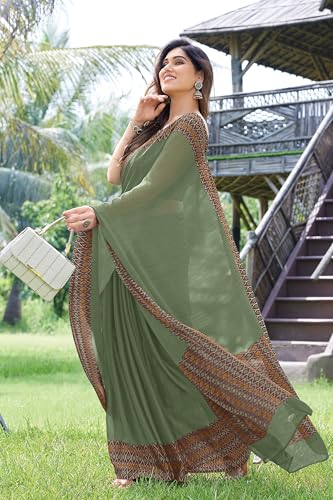 Image of MIRCHI FASHION Saree for Woman Chiffon Georgette Polka Dot Border | Plain Lightweight Women's Sari with Printed Pallu and Blouse Piece