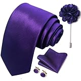 Solid Color Ties Set Men Handkerchief Cufflinks Brooch 3.15 inches Classic Formal Necktie Pocket Square Set (Purple)
