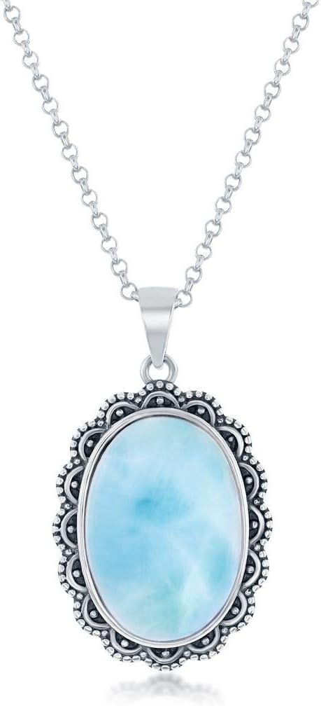 Filigree Design Natural Larimar Gemstone Oval-Shaped Oxidized with Finished-Back Pendant 18” Necklace Sterling Silver Jewelry for Women