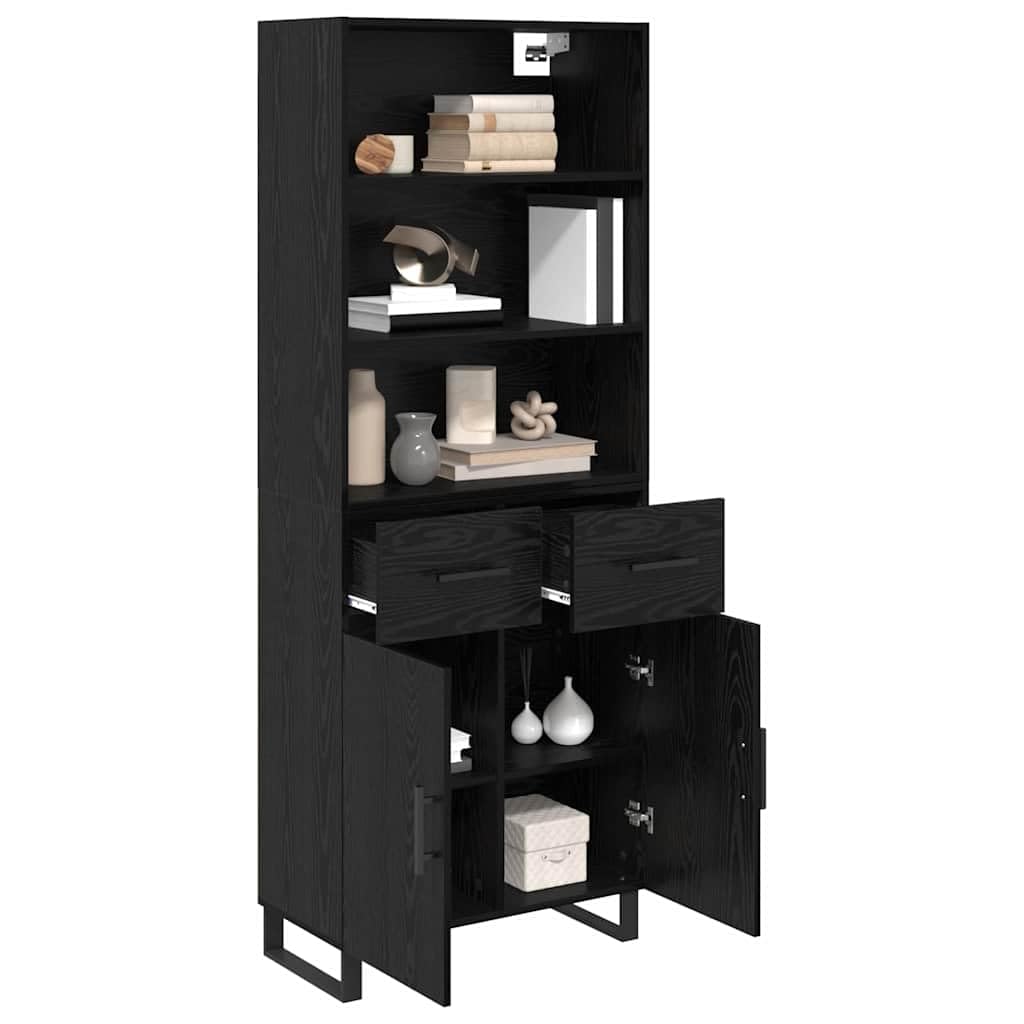 Meuble haut noir aspect chêne 69,5 x 34 x 180 cm avec 2 portes, 4 étagères et 2 tiroirs, buffet moderne pour salon, salle à manger, bureau avec beaucoup d'espace de rangement et