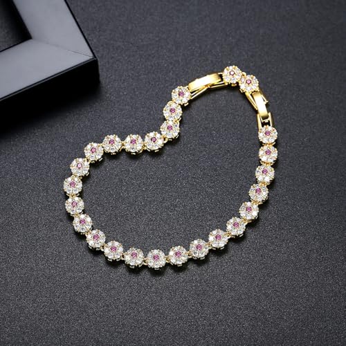 14K Gold Moissanite Floral Tennis Bracelet, Micro-Pave Handmade Chain with Dual Clasp for Women4