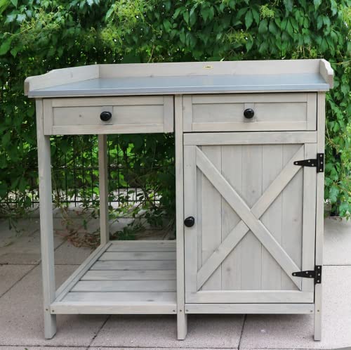 Wooden Potting Bench Table with Cabinet and Hooks