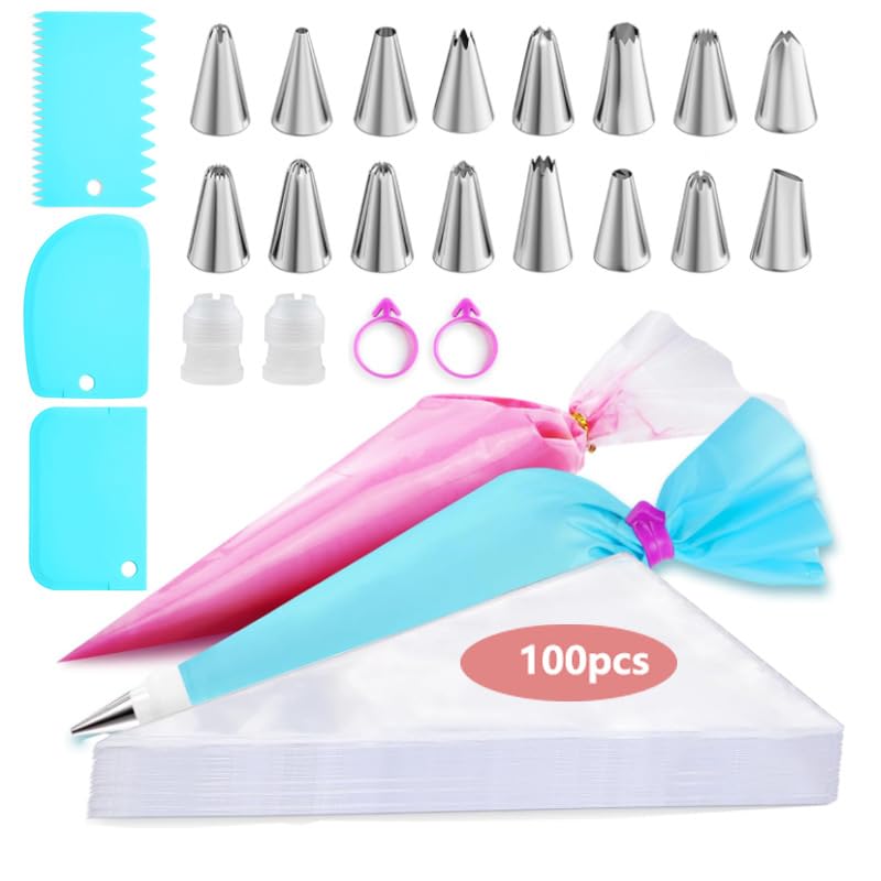 100 Piezas Mangas Pasteleras Desechables, Kit Reposteria, Reposteria Utensilios, Manga Pastelera Boquilla de Acero Inoxidable para Galletas, Chocolate, Tartas, Cupcakes y Dulces