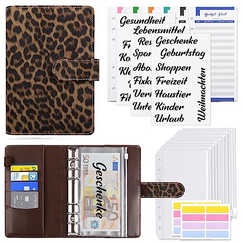 KONVINIT Budget Planner A6 Budget Binder,Budgetplaner mit Folien Deutsch,Ringbuch Finanzplaner mit Geldumschläge,Budgetsheets und Kategorien-Etiketten,Um Geld Sparen,Money organizer,leopard