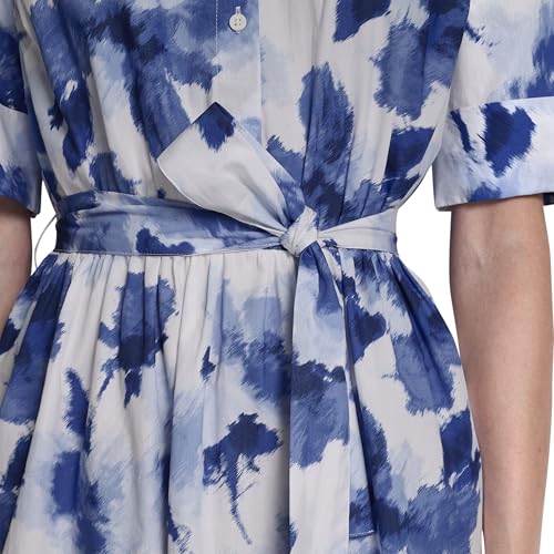 Image of DKNY Women's Short Sleeve Cotton Poplin Collared Midi Shirtdress