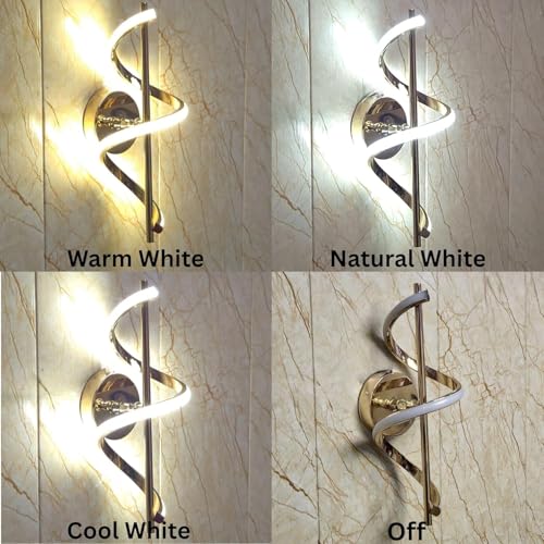 Image of Spiral Shape Golden Modern Wall Light for Home, LED Wall Lamp with 3 Color Lighting (Cool /Warm /Natural White), Perfect for Hall, Bedroom, Pack of 2.