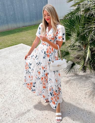 ZESICA Women's 2025 Summer Casual Floral Print Short Sleeve V Neck High Waist A Line Tiered Flowy Boho Maxi Dress4