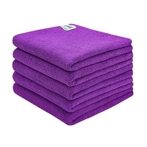Image of SOFTSPUN Microfiber Cleaning Cloths, 50X50 cms 5pcs Towel Set 340 GSM Purple! Highly Absorbent Lint and Streak Free Multipurpose Wash Cloth for Kitchen Car Window Stainless Steel Silverware.