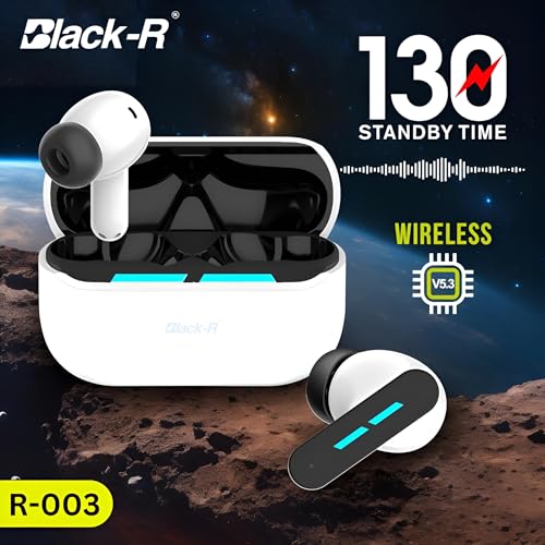 Image of Black-r Stylish Light Wireless in Ear Earbuds TWS with Noise Cancellation, HD Mic, 130H Playtime and Extra Bass, 45ms Low Latency Gaming with ENC, 13mm Bass Drivers Ear Buds TWS, R-003 (White)