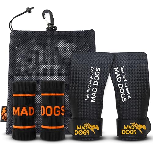 MAD DOGS Calleras Crossfit Carbono SIN Agujeros + Muñequeras [Pack Premium 3-en-1] Agarre con/Sin Magnesio. Guantes Gym Antideslizantes, Bolsa Rejilla, Mosquetón. para Dominadas, Halterofilia y WOD